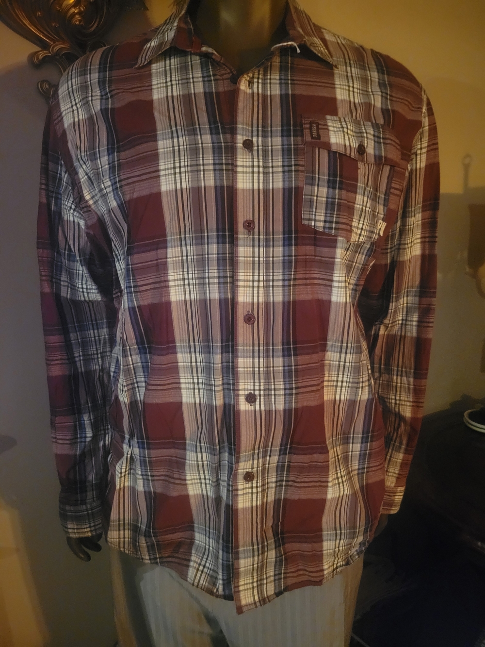 PARISH NATION Men's Burgundy Plaid Button-Down Shirt with Chest Pocket